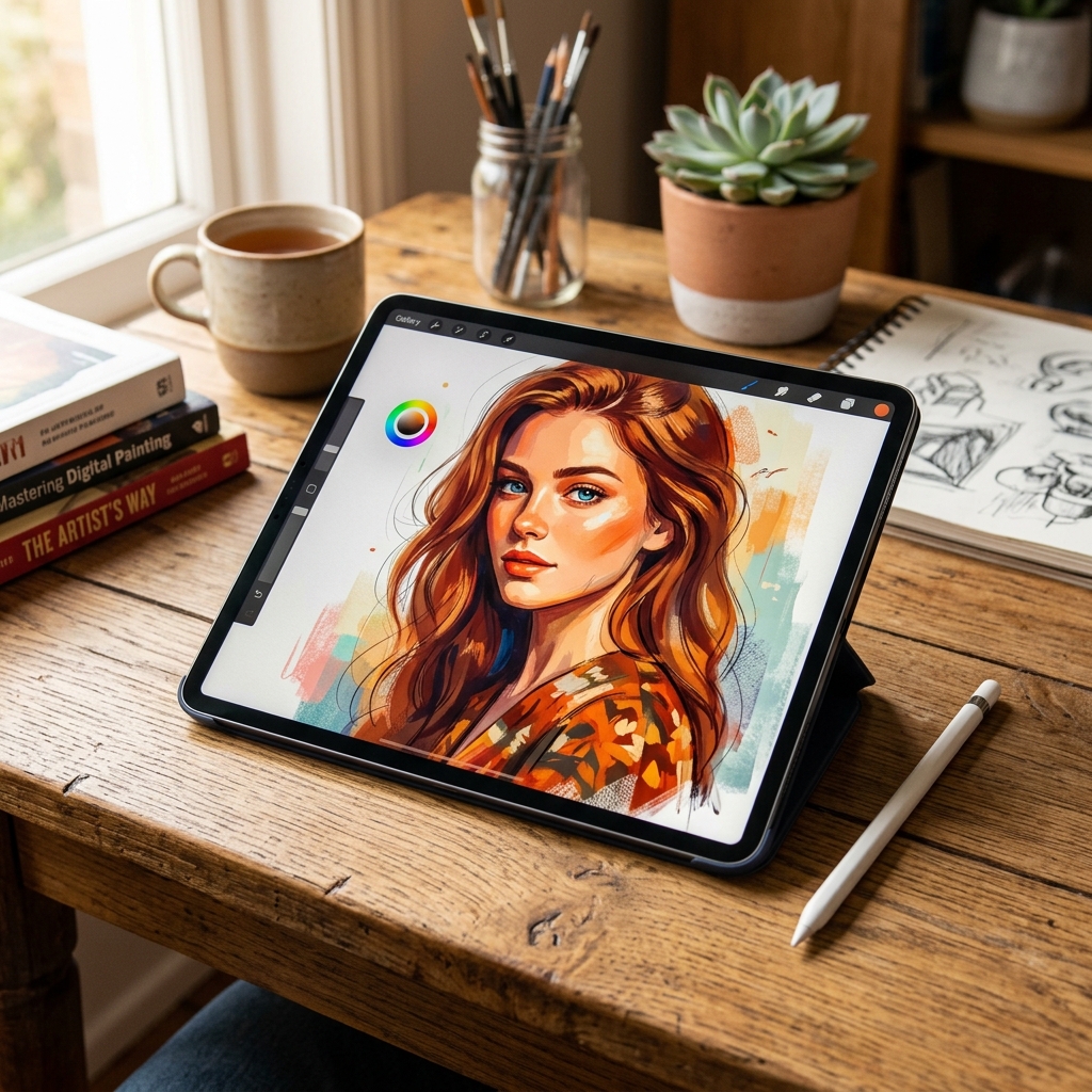 iPad Pro displaying digital portrait drawing on Procreate